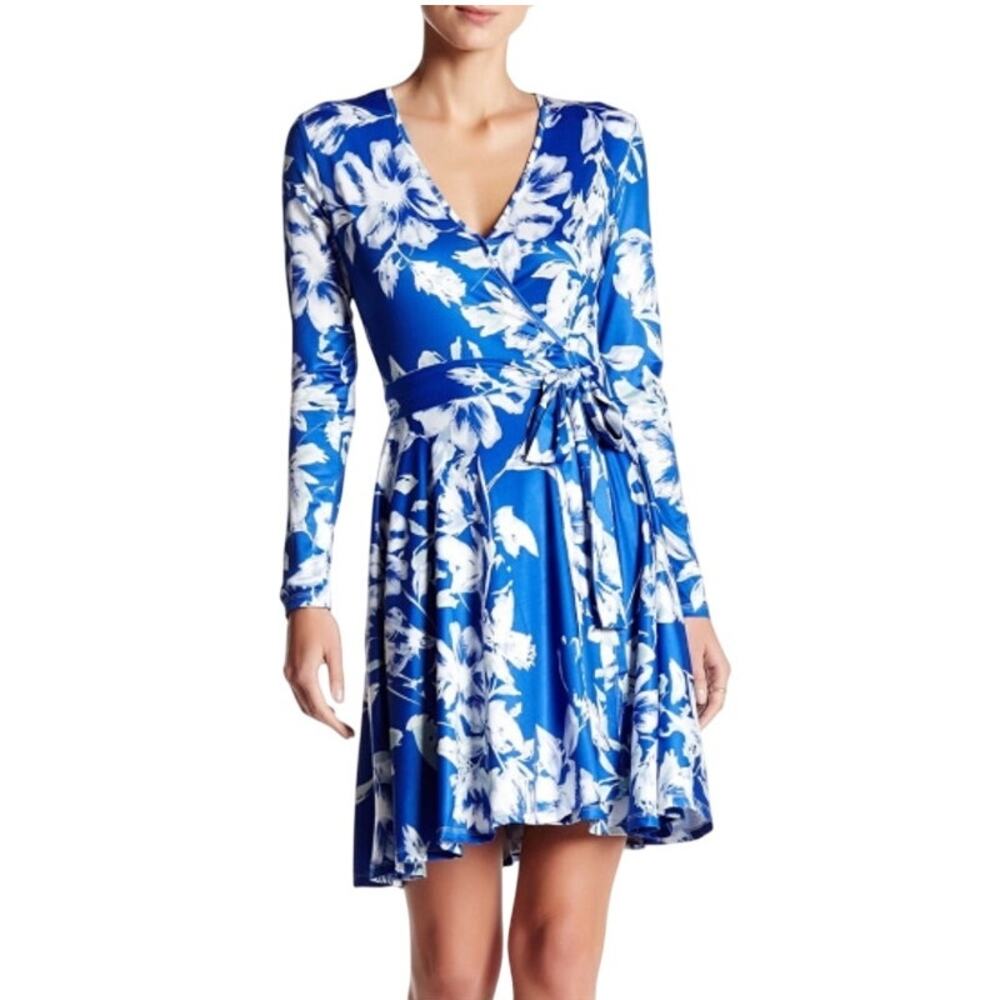 Yumi Kim Running in Circles Blue Tropical Jersey Long Sleeve Wrap Mini Dress